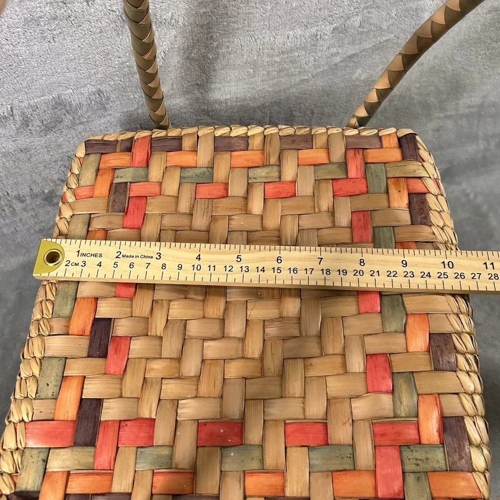 Mexican Square Basket W/‎ Handles & Lid, Colorful Woven Straw Boho Picnic Beach
